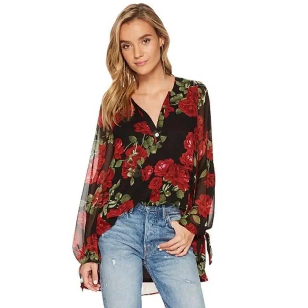 Show Me Your Mumu Johanna Black and Red Rose Tunic Blouse Top